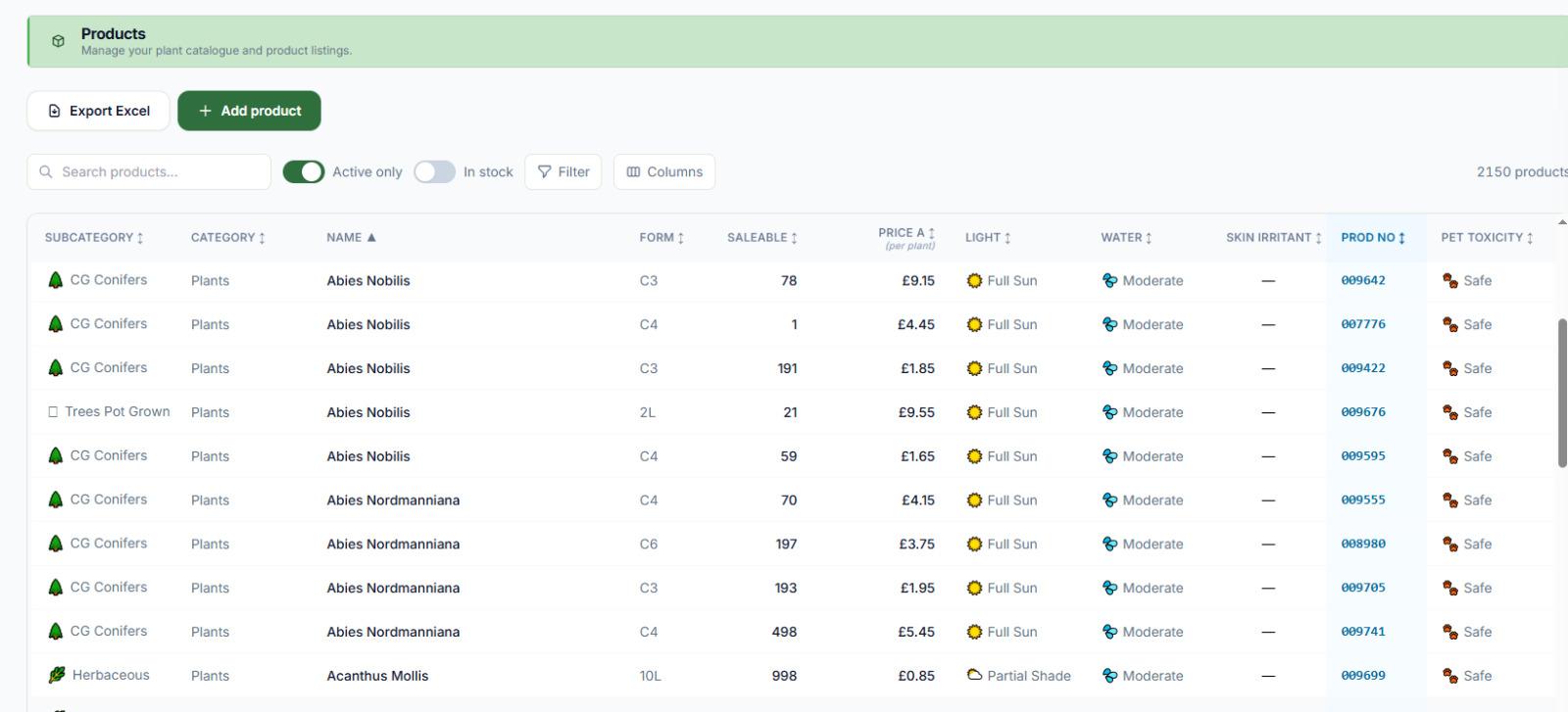 The HortiOwl product catalogue with categories, stock, pricing and plant-care data