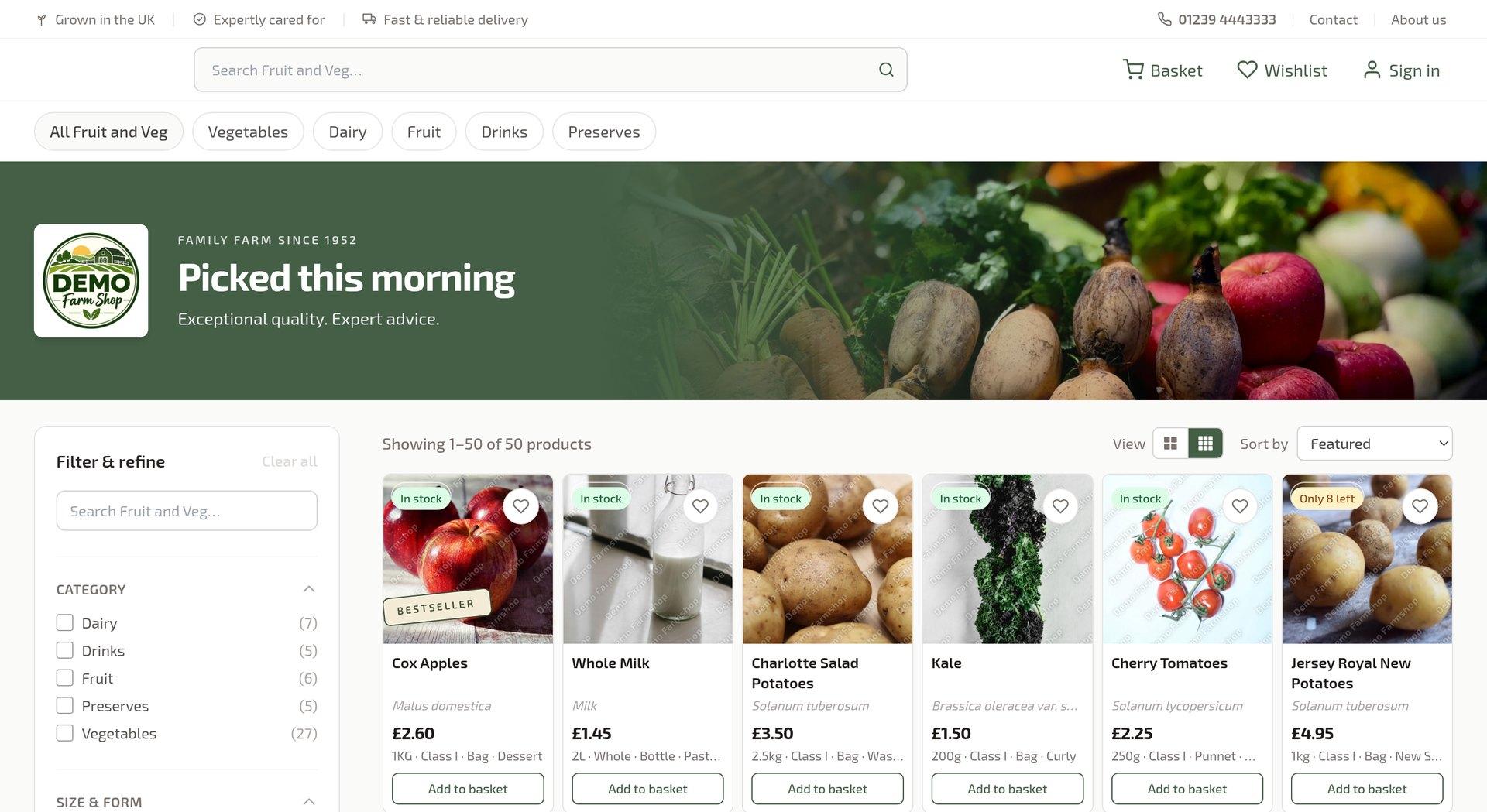 A HortiOwl farm shop webstore selling fruit, vegetables and dairy