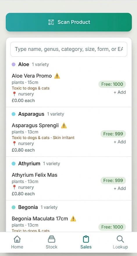 The HortiOwl mobile app showing stock lookup and sales on a phone