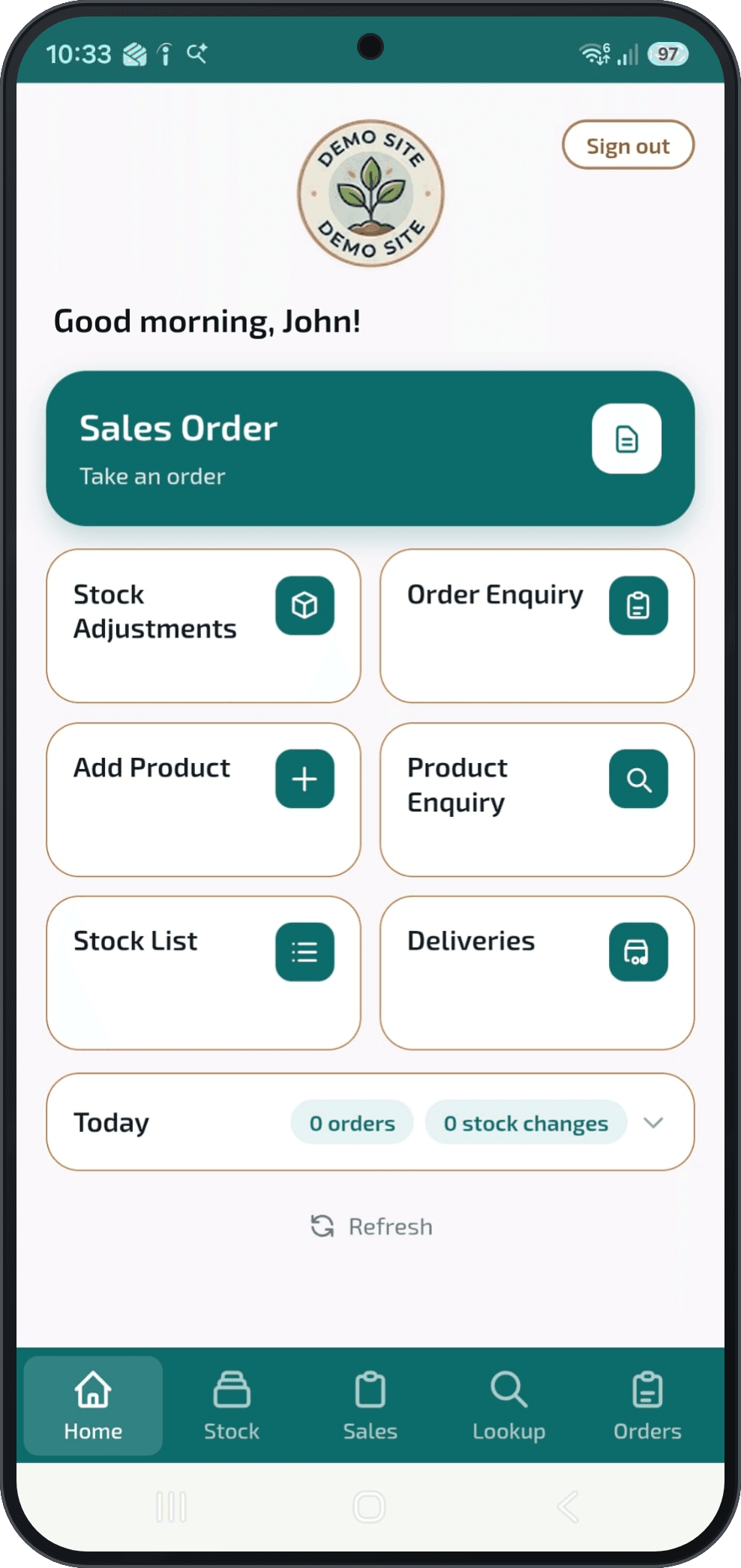 The HortiOwl mobile app home screen on a phone