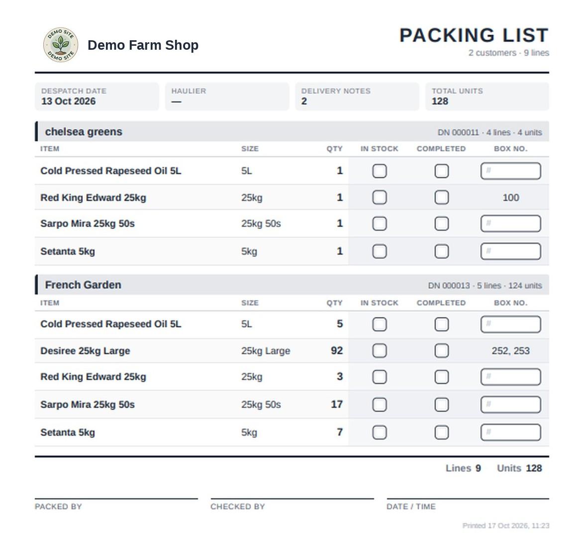 A HortiOwl packing list for produce, grouped by customer with in-stock and completed tick boxes and box numbers