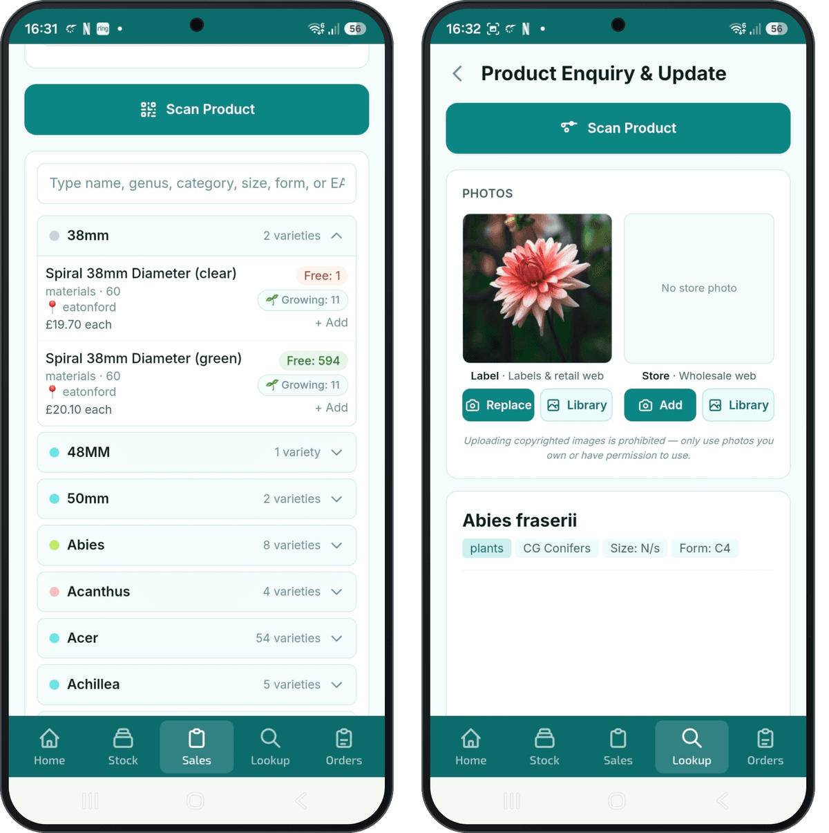 Two HortiOwl phone screens: taking a sales order and looking up a plant