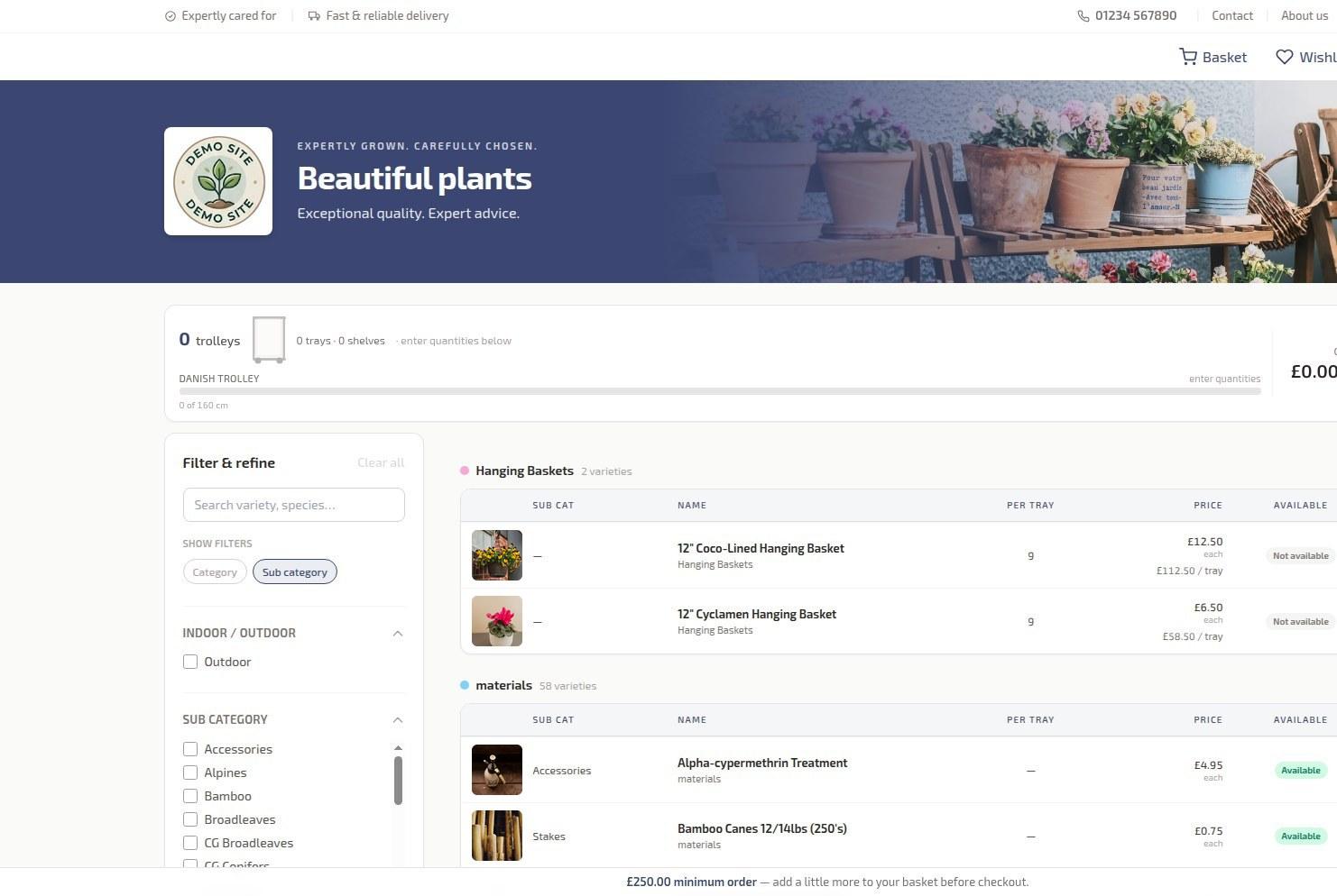 A HortiOwl trade webstore for plants, with a trolley calculator, filters and prices