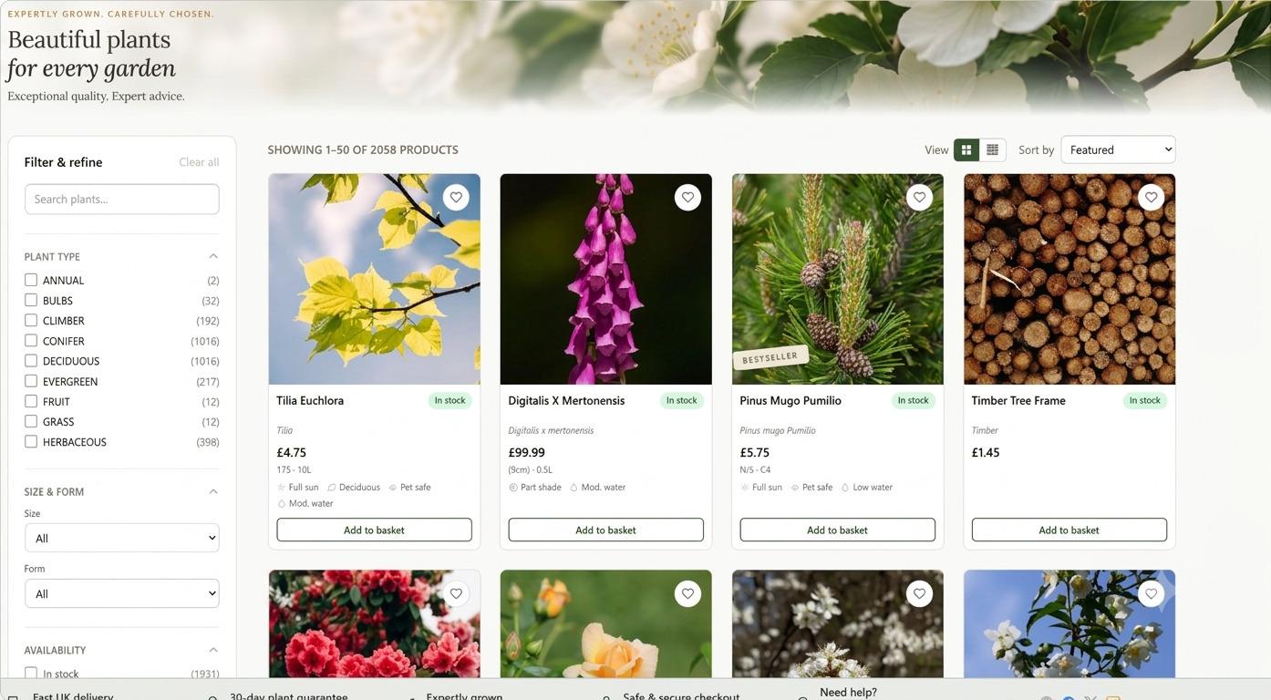 The HortiOwl online webstore showing a plant catalogue with filters and prices